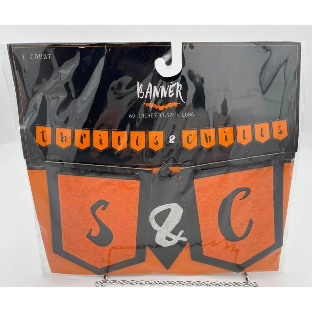 Lot of 3 Halloween Banners Garland Orange & Black Thrills & Chills Gothic Decor